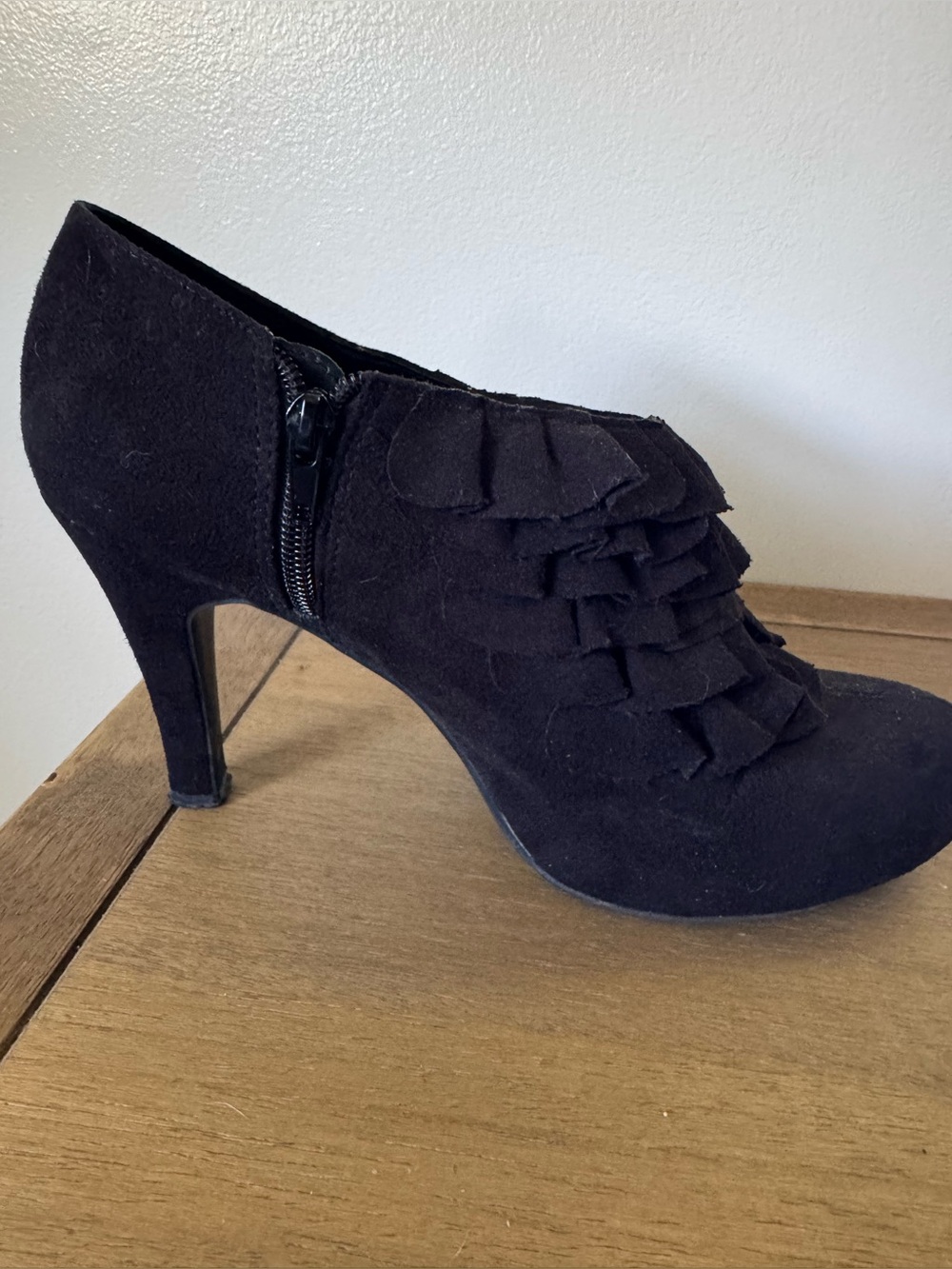 Madden Girl Black Suede Ruffle Ankle Bootie